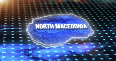 Fototapete - Digital map, country location and hologram of North Macedonia, gps pin and 3d rendering. Technology, data and matrix of global position on radar, virtual reality or simulation of coordinates on hud.