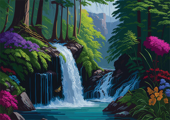 Wall Mural - a vector background image inspired by the natural world, showcasing a lush rainforest teeming with diverse flora and fauna, cascading waterfalls, and rays of sunlight piercing through the dense canopy