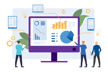 Tiny businessmen analyzing data vector illustration. Office workers calculating finances or managing resources in infographics on computer screen. Data analysis, business, networking concept