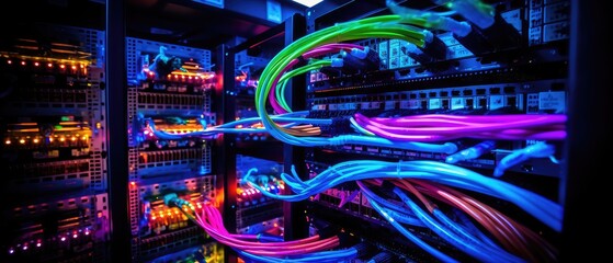 big database box cloud servers connection with colorful fiber optic cable internet in computer lab, Generative AI.