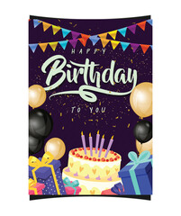 Wall Mural - colorful birthday card, banner with balloons, cake,.