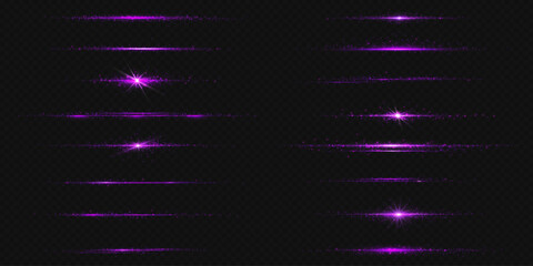 Wall Mural - purple line light glow with sparkle and flare shine. horizontal violet neon streak effect isolated o
