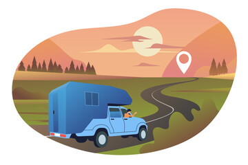 Canvas Print - Camper van moving on road vector illustration. Beautiful summer landscape and male tourist traveling, driving to sunset with map pin. Travel, summer, tourism, adventure concept