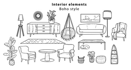 Hand drawn in doodle style, Scandinavian furniture Interior elements Boho style. Cozy home environment for the living room. 