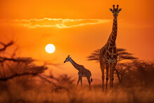 Beautiful Image Of A Baby Giraffe And Mother Walking In The Dry Grass Of Savanna At Sunset. Amazing African Wildlife. Generative Ai
