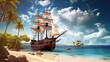Leinwandbild Motiv pirate sailboat ship near mystic treasure island at sunny day digital illustration Generative AI
