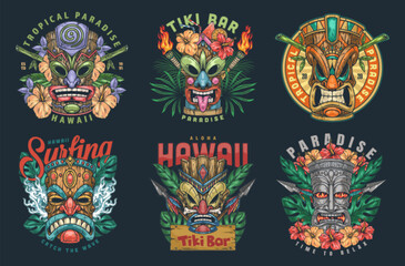 Wall Mural - Tiki totems colorful set logotypes