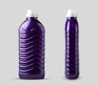Purple plastic bottle for washing gel, liquid detergent, bleach, and fabric softener. Isolated on a gray background. Front and side view. Design