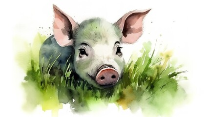 Wall Mural - a watercolor picture of a cute pig