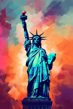 Statue Of Liberty Illustration Landscape In Style Of Mixed Grunge Colors. Digital Illustration Generative AI.
