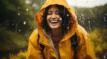 Rainy Day Asian Woman Wearing A Raincoat Outdoors