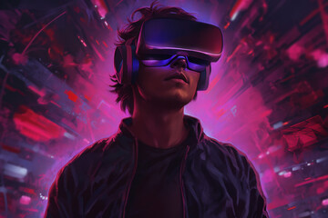 man wearing virtual reality game helmet on the background of neon light