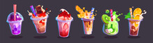 Milk Tea Bubble Ice Cup Drink Vector Illustration. Pearl Boba Smoothie Food Illustration With Splash, Sugar And Straw Isolated Icon For Menu Design. Popular Thai Cocktail With Strawberry And Chocolate