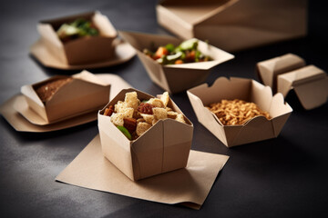Poster - a stack of paper wraps, paper bowls and a set of different food containers in environmentally friendly way