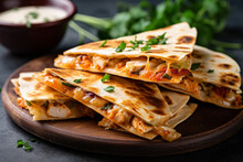 Chicken Quesadillas On Wooden Plate With Herbs With Lemon Juice, A Spicy Quesadilla With Vegetable