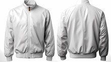 Blank Jacket Bomber White Color In Front And Back View Isolated On White Background, Ready For Mockup Template