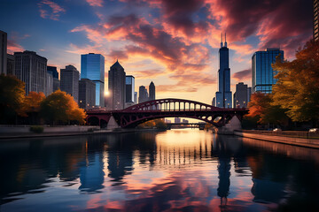 city of chicago. image of chicago downtown and chicago river with bridges during sunset.