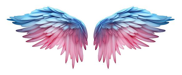 Beautiful realistic symmetrical angel wings. Pink blue, pastel gradient wings with detailed feathers. Generative AI png with transparent background, clipart.