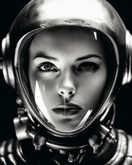 Wall Mural - 1950's atomic age image of model wearing sci-fi style space suit and helmet in preparation for inste
