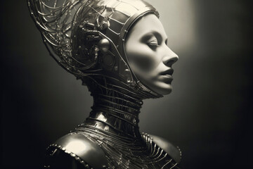 Wall Mural - 1950's atomic age image of model wearing sci-fi style space suit and helmet in preparation for inste