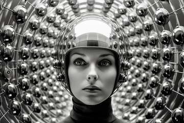 Wall Mural - 1950's atomic age image of model wearing sci-fi style space suit and helmet in preparation for inste