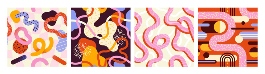Abstract seamless pattern set. Neon bright print with lines and waves in retro style. Contemporary backgrounds for wallpaper, textile and cover design. Cartoon flat vector isolated on white background