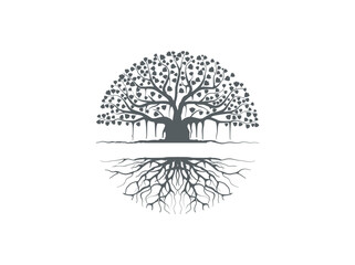 Ancient Banyan tree  logo vector illustrations, hand drawn art isolated 