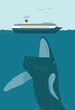 Big Whale, Fish Will Engulf, Swallow, and Eat Small Cruise Ship Like Predator and Prey in the Ocean