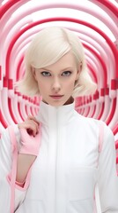 Wall Mural - a woman with blonde hair wearing a white jacket and pink gloves. Generative AI Art.