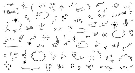 Aufkleber - Doodle cute star, sparkle pen line elements. Doodle heart, emphasis, star, sparkle decoration symbol set icon. Simple sketch line style emphasis, glitter, pattern elements. Vector illustration.