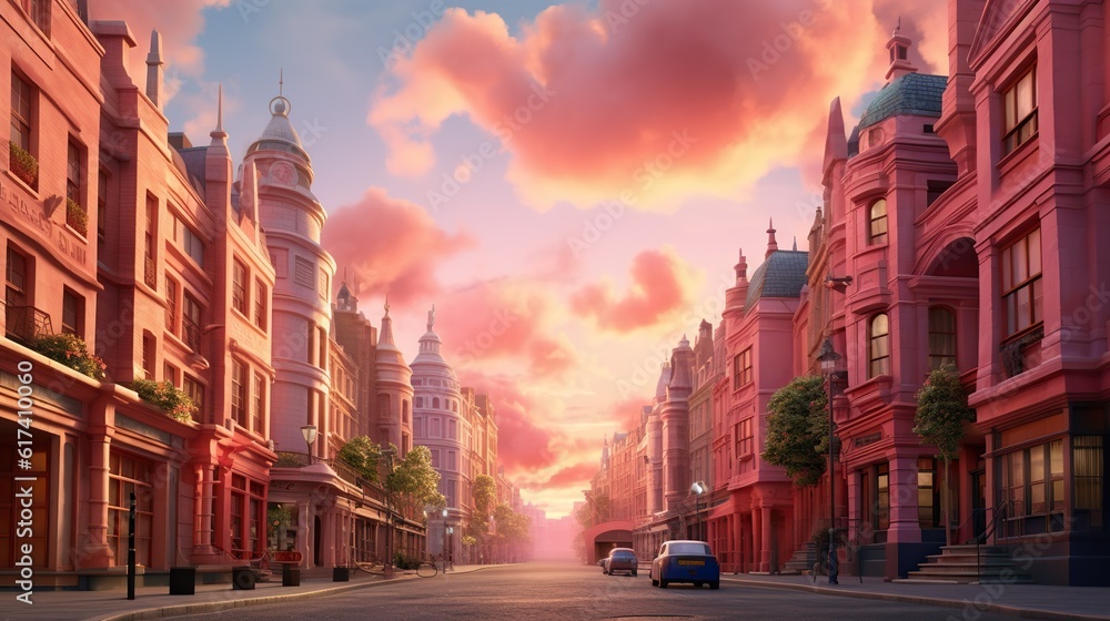 Street photography of a sunset view on a city with pink cloud and ...