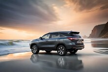 Generate An AI Image Of A Black Fortuner Car Parked On A Sandy Beach With The Waves Crashing In The Background