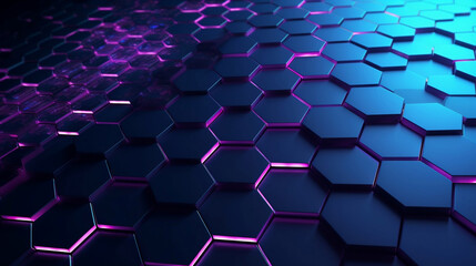 Wall Mural - Black hexagon pattern illuminated shapes neon glow purple light, 3d illustration, digital, cyber security, innovation concept futuristic technology abstract background. Generative AI