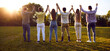 Diverse friends meet in the park. Group of multiracial young people standing in row on green lawn and holding hands up in evening sunlight. Back view, from behind. Friendship, community concept