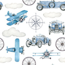 Watercolor Baby Pattern With Retro Cars And Planes.Kid's Pattern.Seamless Pattern For Boy.Childish Ornament.Vintage Transport
