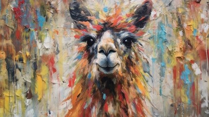 Wall Mural - llama  form and spirit through an abstract lens. dynamic and expressive lama print by using bold brushstrokes, splatters, and drips of paint. llama raw power and untamed energy