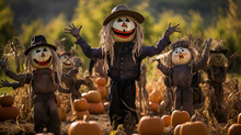 Scary Halloween Scarecrows In Hats On A Field. AI Illustration. Spooky Halloween Night Holiday Concept. Halloweens Background.
