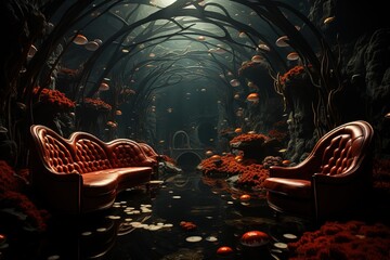 Wall Mural - theater underwater inside a whale illustration generative ai