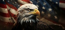 Bald Eagle With American Flag , American Independence Day Scene. 