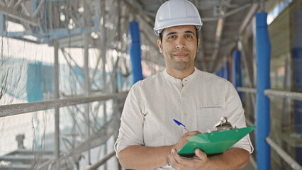 Wall Mural - Young hispanic man architect smiling confident writing on document at street