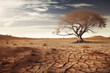 © ADDICTIVE STOCK - Generative AI picture of landscape of dry tree growing on dry sandy ground in arid terrain against cloudy blue sky in sunlight