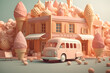 © ADDICTIVE STOCK - Generative AI illustration of exterior design of cartoon small house with lots of conical iced cream and retro van parked on asphalt road