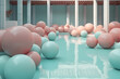 © ADDICTIVE STOCK - Generative AI illustration of interior design with blue and pink balloons around edge of blue swimming pool with supporting column rods
