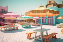 Generative AI Illustration Showing Empty Exterior Of Cafe With Wooden Tables And Chairs On Paved Terrace Under Multicolored Umbrella On Sunny Day