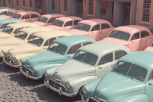 Generative AI Illustration Of Bright Old Fashioned Cars Parked On Roadside Parking Lot In Front Of Old Building With And Windows
