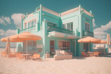 Generative AI Illustration Of Exterior Of Old Fashioned Residential Green Building With Orange Umbrella And Chair At Sandy Beach Under Blue Sky