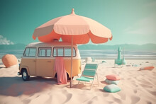 Generative AI Illustration Of Retro Van With Beach Chair Under Umbrella On Sandy Beach At Resort Against Blue Sea And Sky On Sunny Summer Day