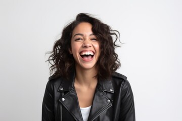 Poster - Portrait of a beautiful young woman laughing on a white background.