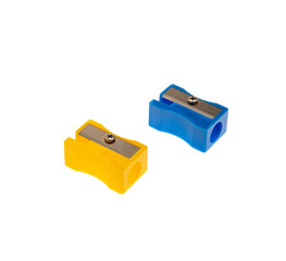 Wall Mural - Blue and yellow pencil sharpeners isolated on transparent, closeup, PNG, School supply