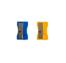 Wall Mural - Blue and yellow pencil sharpeners isolated on transparent, top view, PNG, School supply